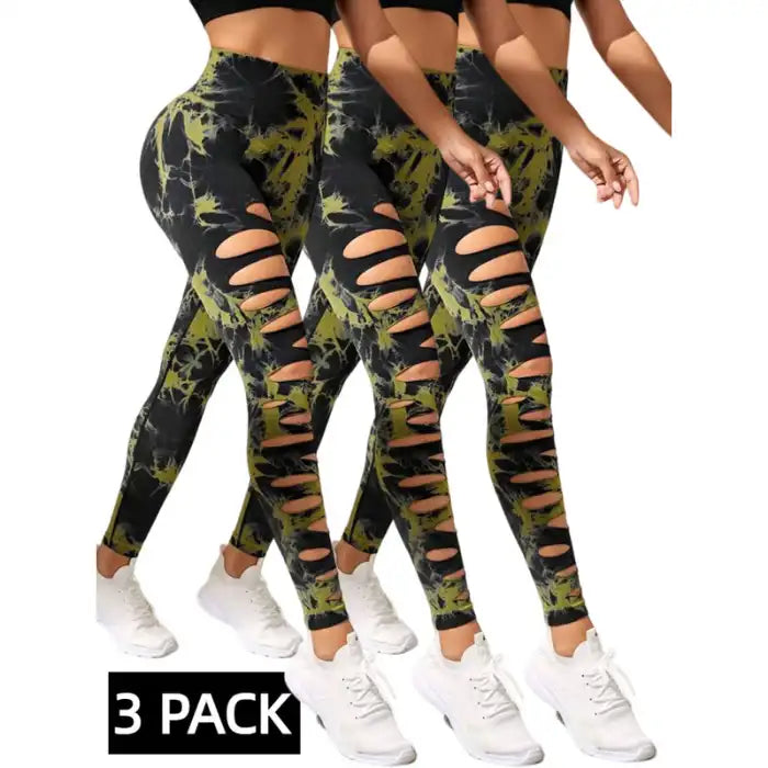 Butt Lifting Yoga Pants in yellow and black tie-dye, ripped leg design in a 3-pack bundle.