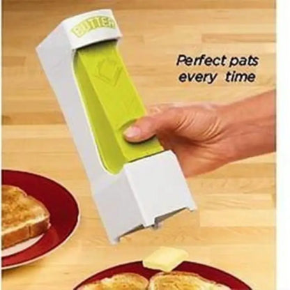 Yellow butter cutter dispensing a pat of butter onto toast with text "perfect pats every time."