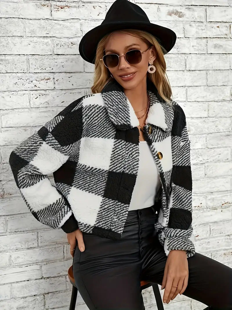 Plaid Cropped Jacket: Warm Sherpa & Trendy Style for Women
