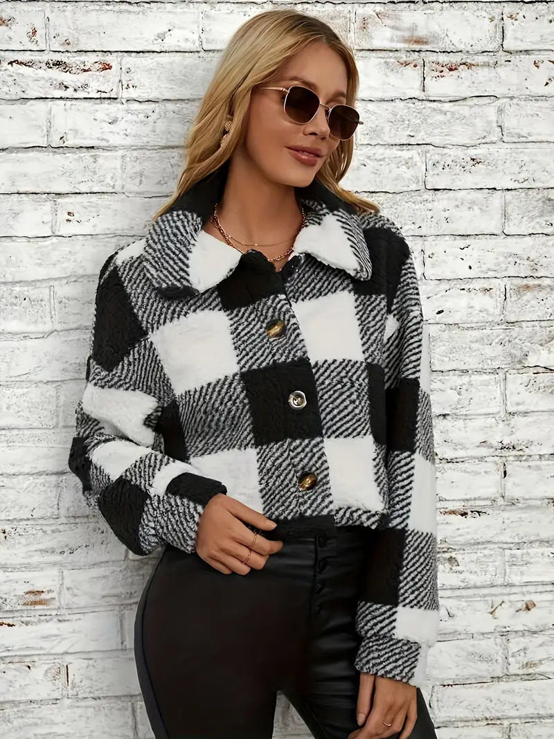 Plaid Cropped Jacket: Warm Sherpa & Trendy Style for Women