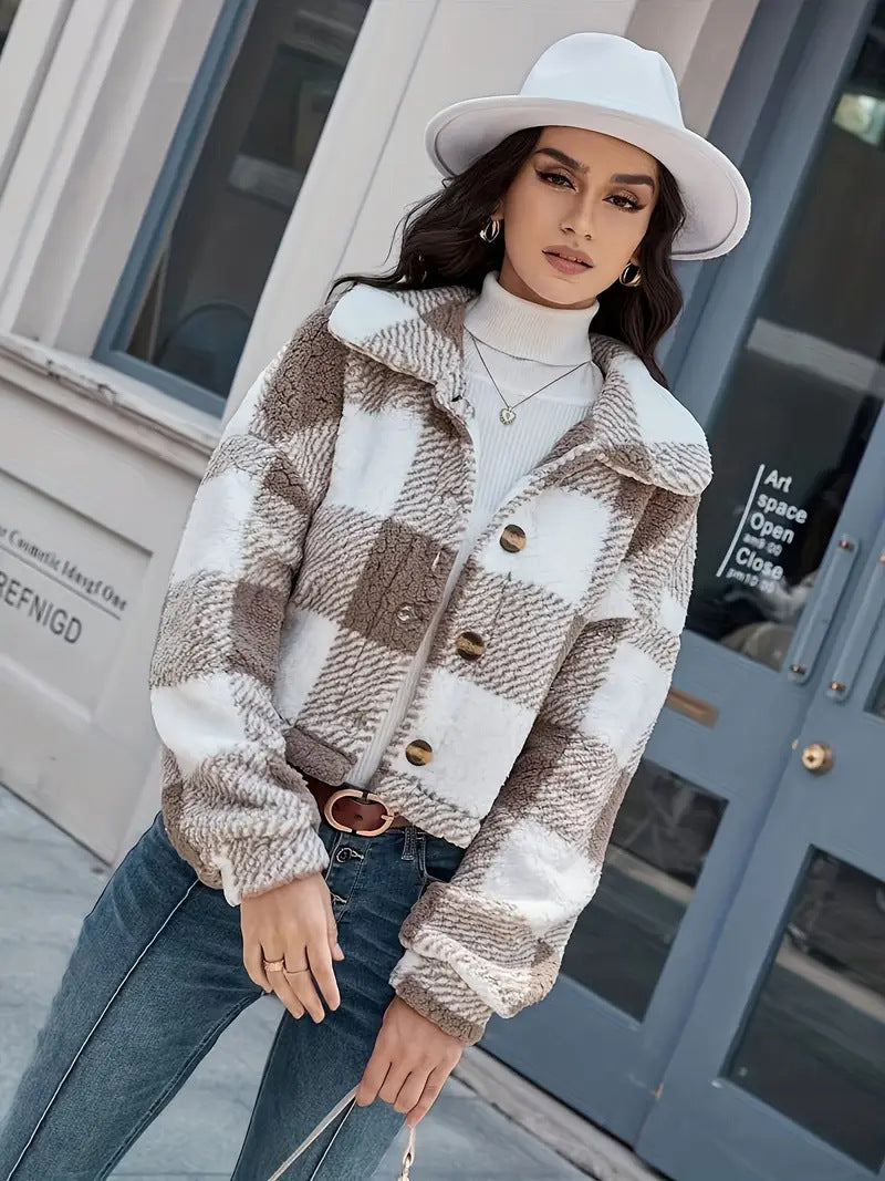 Plaid Cropped Jacket: Warm Sherpa & Trendy Style for Women