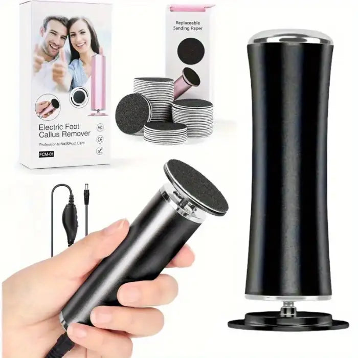 Callus remover in black and pink versions with sanding paper packs and handheld usage.