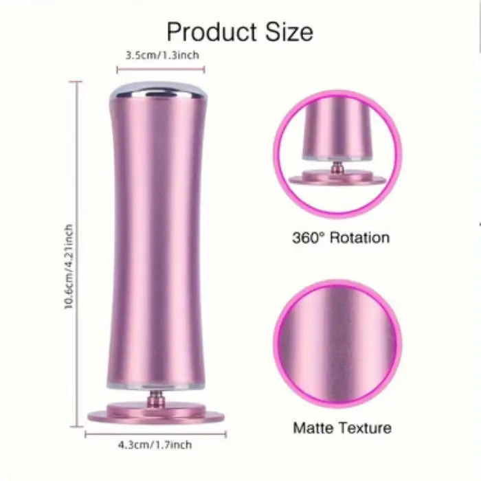 Callus remover product size guide showing 360° rotation and matte pink body design.