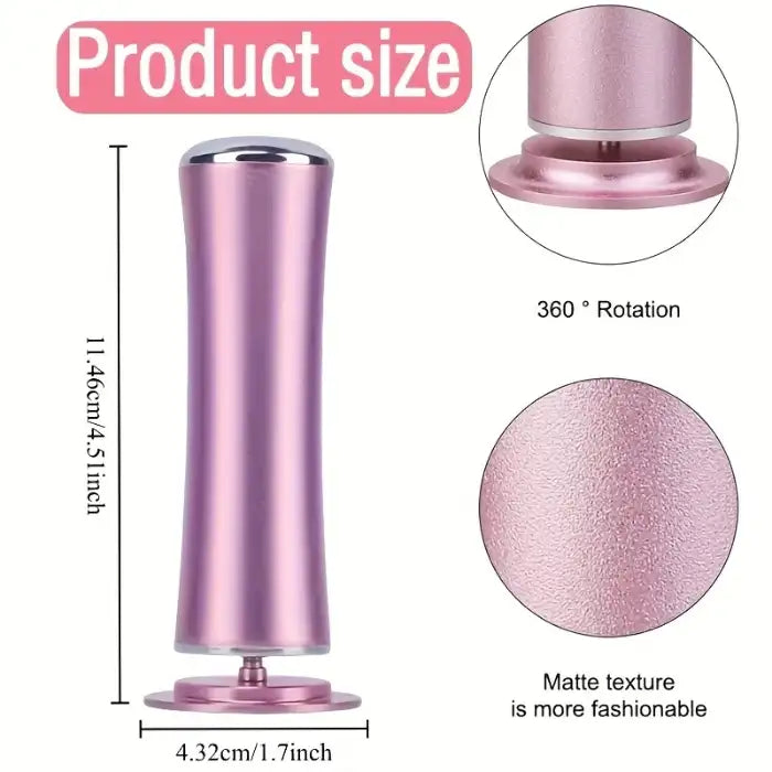 Callus remover detailed size chart showing matte texture, 360° spin, and ergonomic shape.