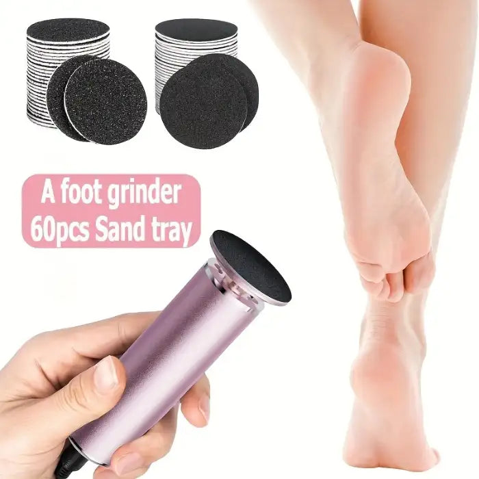 Callus remover electric foot care set with sanding trays and close-up of soft, smooth heels.