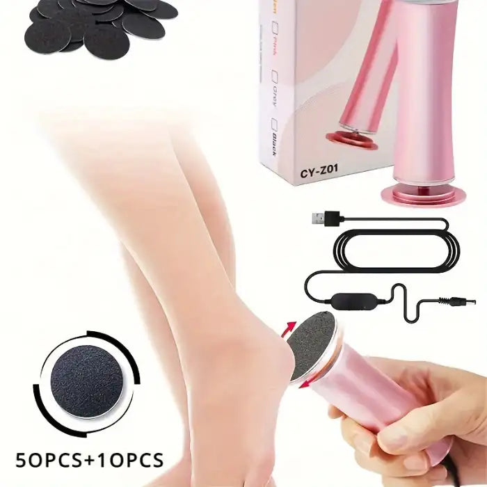 Callus remover kit includes USB cable, 60 sanding discs, and close-up foot care action.