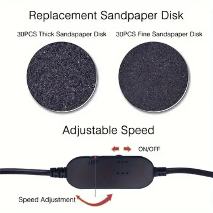 Callus remover sandpaper disk options with adjustable speed control for thick and fine grinding.