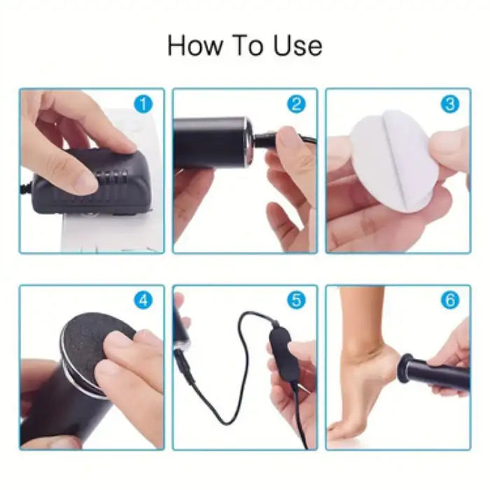 Callus remover usage steps showing connection, sandpaper attachment, and foot grinding process.