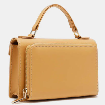 Side profile of camel leather handbag with top handle, gold hardware, and visible zipper closure