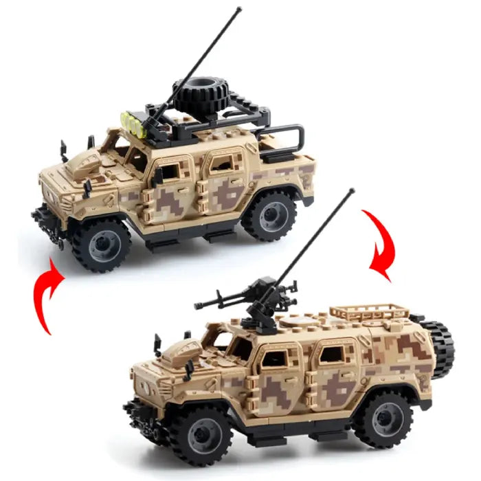 Desert camouflage military toy truck with antennas and a modular roof gun attachment.