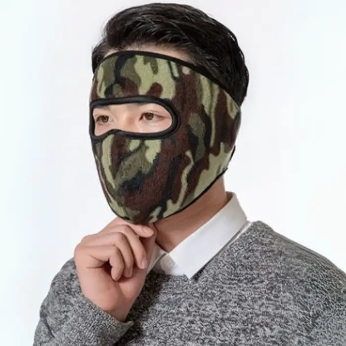 Camouflage fleece mask for men offering stylish warmth and face protection during winter activities.