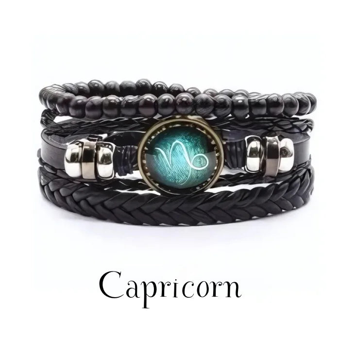 vintage leather bracelet with the Capricorn zodiac sign with adjustable leather strap