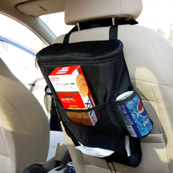 Black car backseat organizer bag hanging from headrest, holding snacks and drinks with side pockets for additional storage