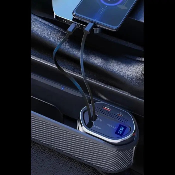 Car charger console with dual USB ports and phone connected