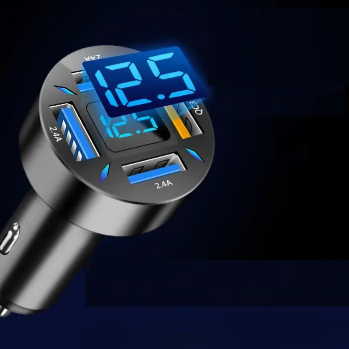 Car charger with digital display showing voltage readings of 12.5V and 14.9V, multiple USB ports, and voltage range information