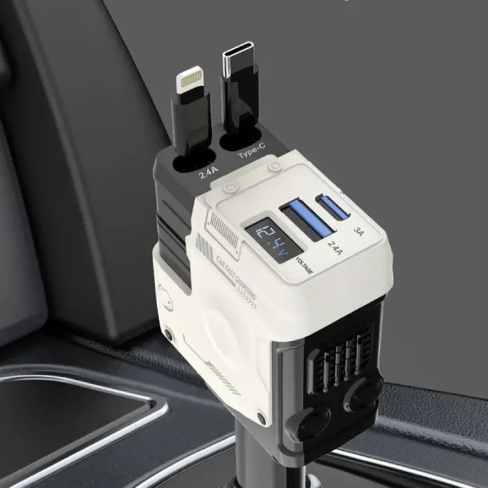 Multi-port car charger with digital display, USB ports, and built-in cables for fast charging of mobile devices