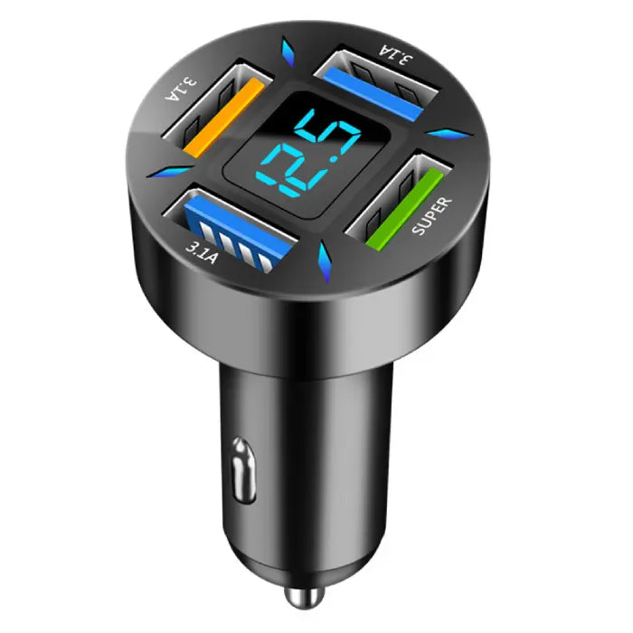 Circular car charger featuring digital display, multiple USB ports including "SUPER" port, and compact black design