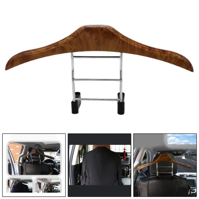 Wooden car coat hanger attached to headrest for wrinkle-free suits.