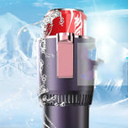 Car Heating Cooling Cup Holder chilling red soda can with icy water splash and snowy background.
