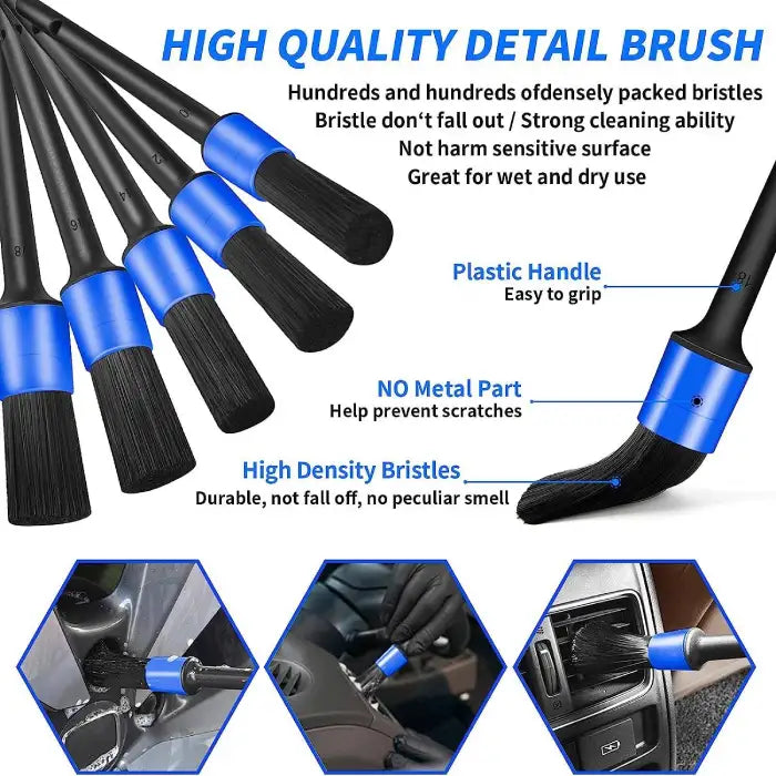 Car detailing brush kit showing soft high-density bristles and plastic handles ideal for interior cleaning.