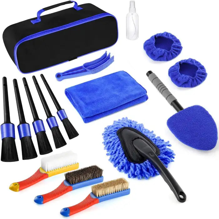 Car detailing brush kit with microfiber cloths, air vent tool, storage bag, and various cleaning brushes.