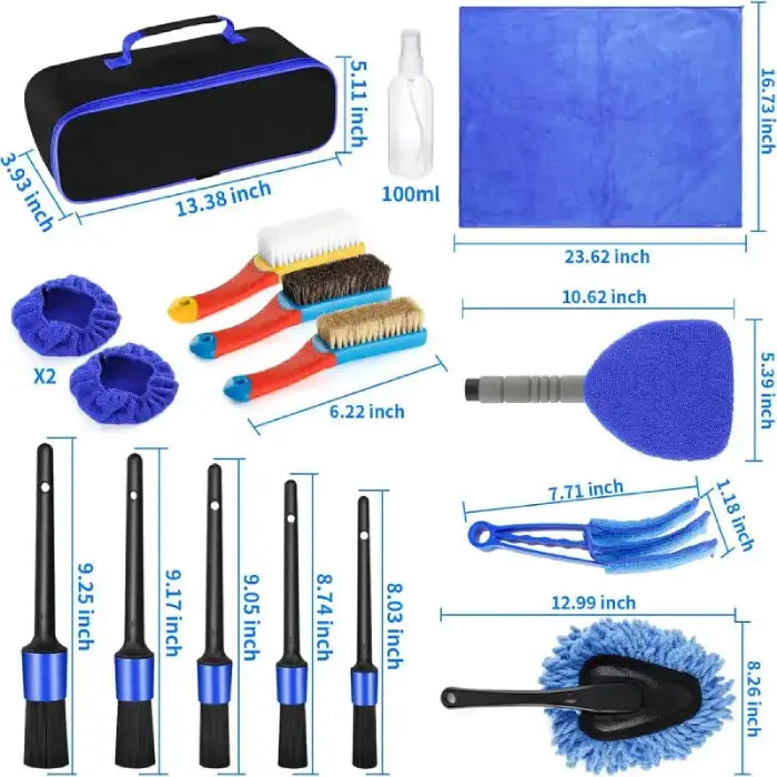 Car detailing brush kit with sizes of brushes, towels, and accessories displayed for reference.