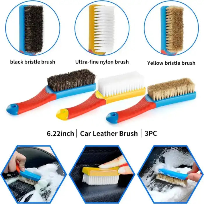 Car detailing brush kit with nylon, black, and yellow bristle brushes for leather and upholstery cleaning.