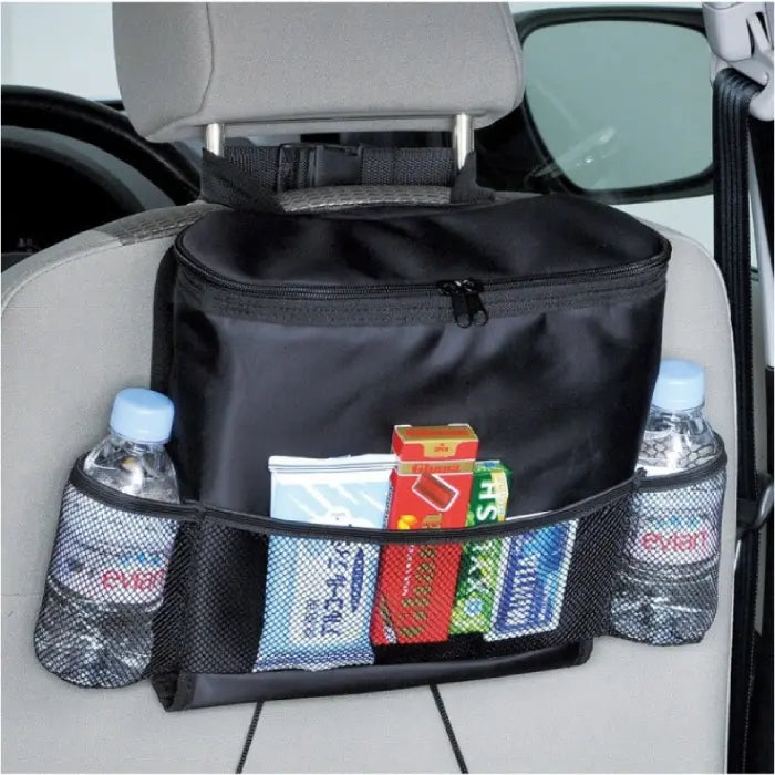 Car headrest cooler organizer bag with insulated compartment and mesh pockets holding drinks, snacks, and other items