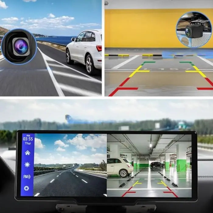 Front and rear camera views on car dashboard screen.