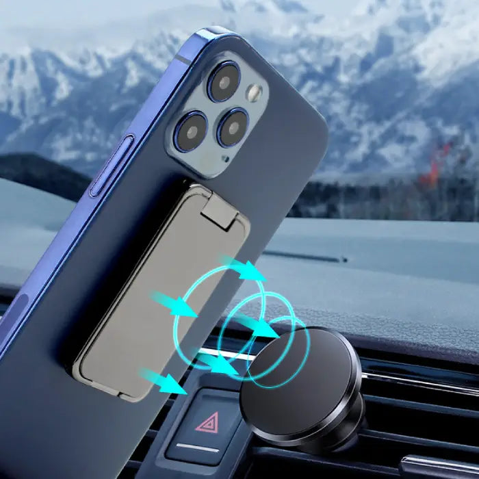 Magnetic car phone holder with secure attachment and sleek metallic design for hands-free navigation.