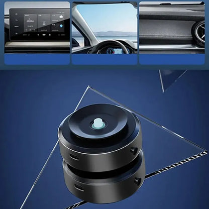 Black circular vacuum mount for cars with images showing compatibility with central control screen, front gear, and interior console