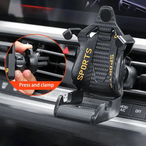 Car phone holder showing press and clamp setup for air vent attachment with yellow sports straps.