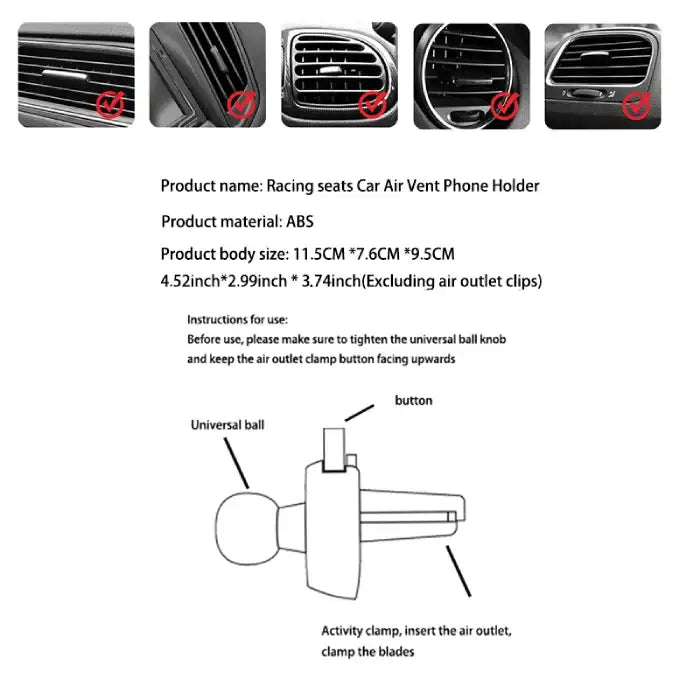 Car phone holder usage diagram with compatible air vent types and universal ball clamp installation guide.