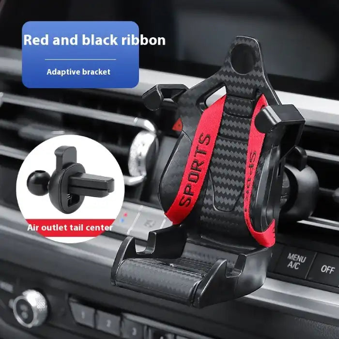 Car phone holder with red racing-style straps and adaptive bracket on dashboard air vent.