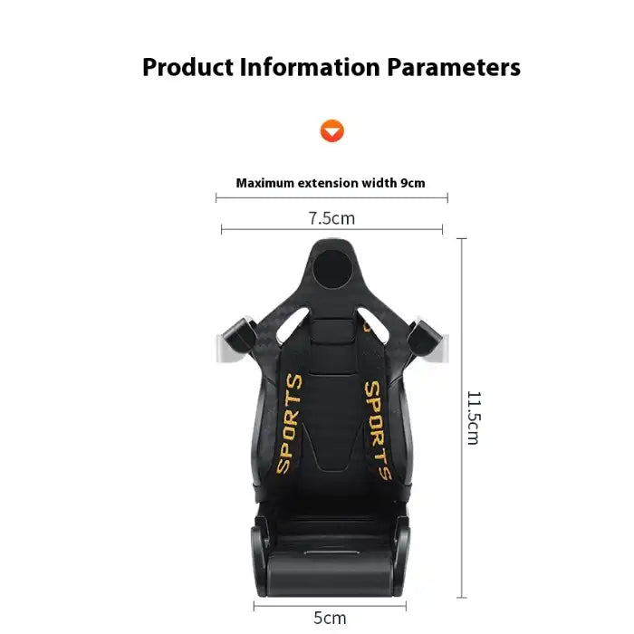 Car phone holder size chart showing maximum extension width and height with detailed product dimensions.