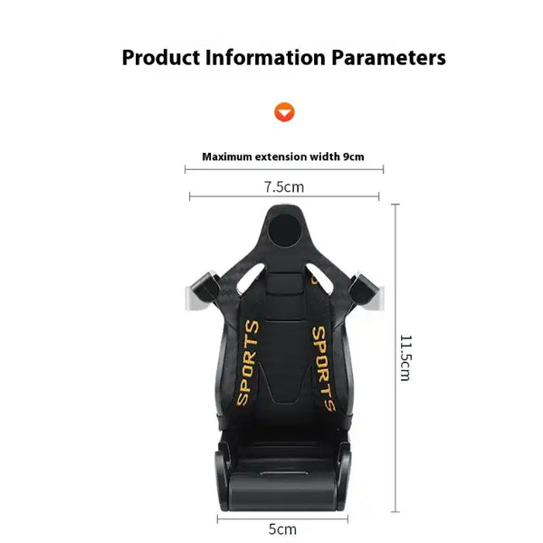 Car phone holder size chart showing maximum extension width and height with detailed product dimensions.