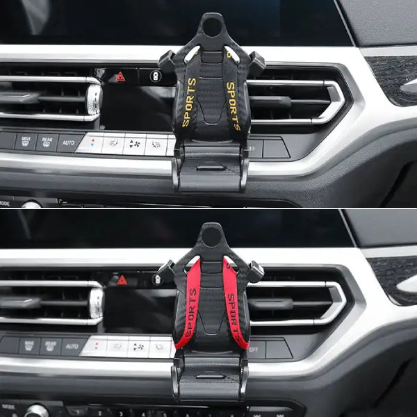 Car phone holder in two color variations—yellow and red sports straps installed on dashboard vents.
