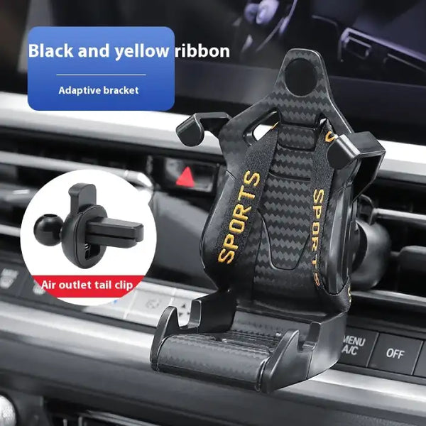Car phone holder with yellow sports-style straps and air outlet tail clip for secure vent mounting.