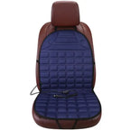 Car Seat Heater blue quilted pad on brown leather car seat with 12V cord.