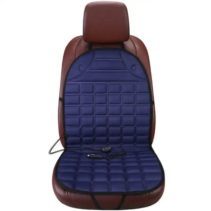 Car Seat Heater blue quilted pad on brown leather car seat with 12V cord.