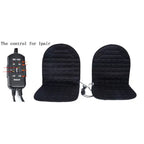 Car Seat Heater dual black seat set with 12V controller showing heat settings.