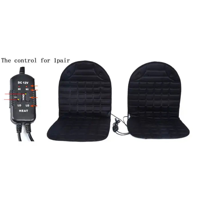 Car Seat Heater dual black seat set with 12V controller showing heat settings.