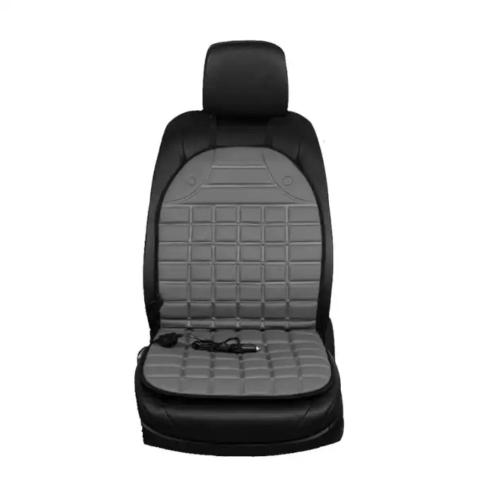 Car Seat Heater grey quilted seat pad on black car seat with attached 12V cord.