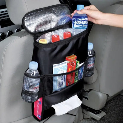 Car seat organizer with cooler compartment, drink holders, and multiple pockets for snacks and accessories in vehicle