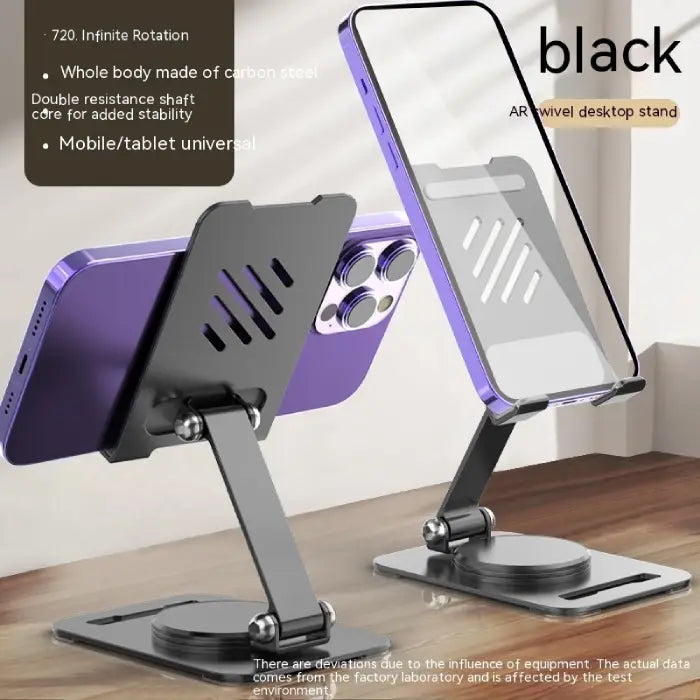 Black phone stand holding purple iPhone, highlighting carbon steel construction and stability features