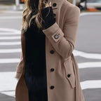 .Cardigan Large Coat in soft beige featuring black buttons, high collar, and urban chic style