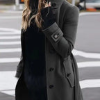 .Cardigan Large Coat in dark grey tone with sleek button detail, styled for street fashion in fall.