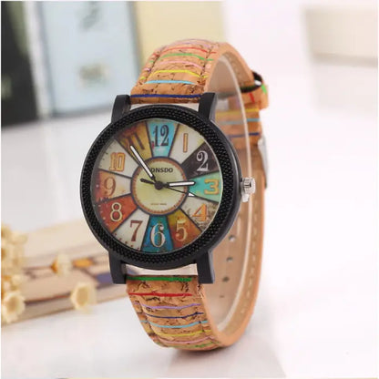 Casual analog wristwatch with cork strap and multicolor dial, perfect for everyday fashion or gifts.