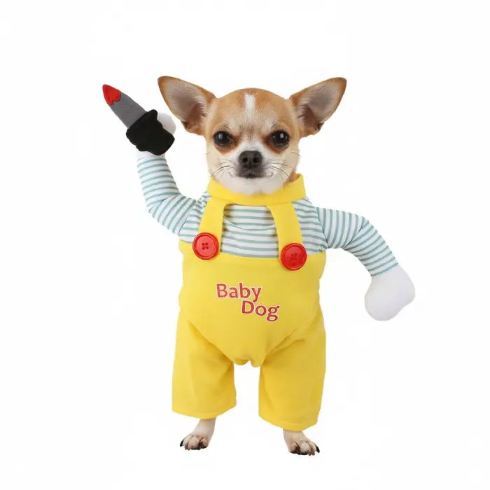 Cat Halloween costume modeled on small dog with yellow overalls and striped shirt cosplay design.