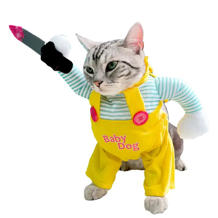 Cat Halloween costume featuring yellow suspender outfit with plush knife arm and striped shirt cosplay design.